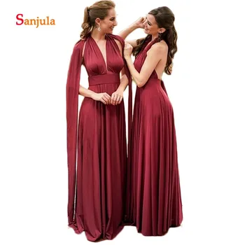 

Burgundy Bridesmaid Dresses A-Line V Neck Formal Prom Dresses for Women Backless Wedding Party Dress with Straps robe femme D324
