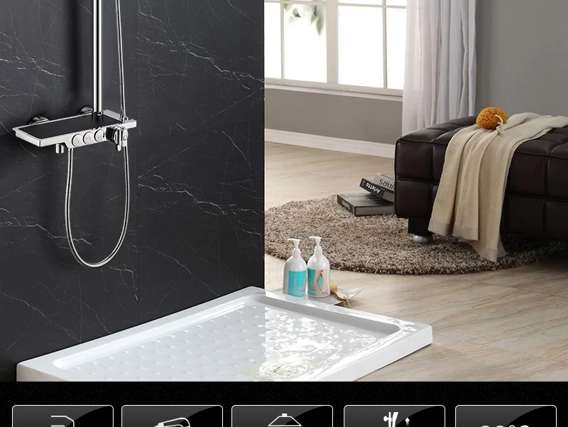 hm Black Rainfall Thermostatic Shower Faucet Set Single Lever Brass Mixer Valve Rack Bath Shower Mixers Rack shower set (1)