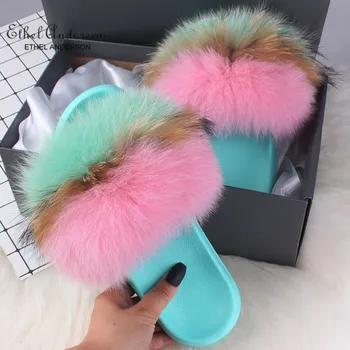 

Lady Colorful Fox Fur Slides Vogue Fluffy Slippers Plush Real Fox Hair Slides Party Furry Flip Flops Women's Sandals