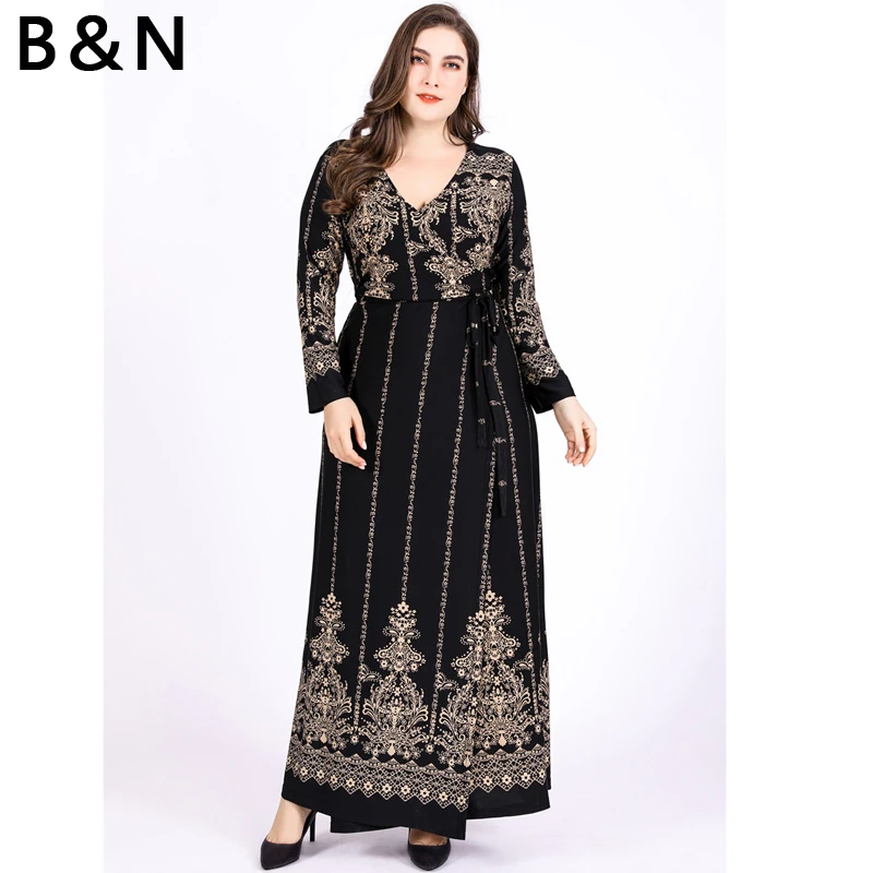 

Vintage Long Dress XL-XXXXXXL Large Size Night Dress Women One Piece Sashes Long Sleeve Stripe Ankle Length Mum Luxury Cloth 6XL