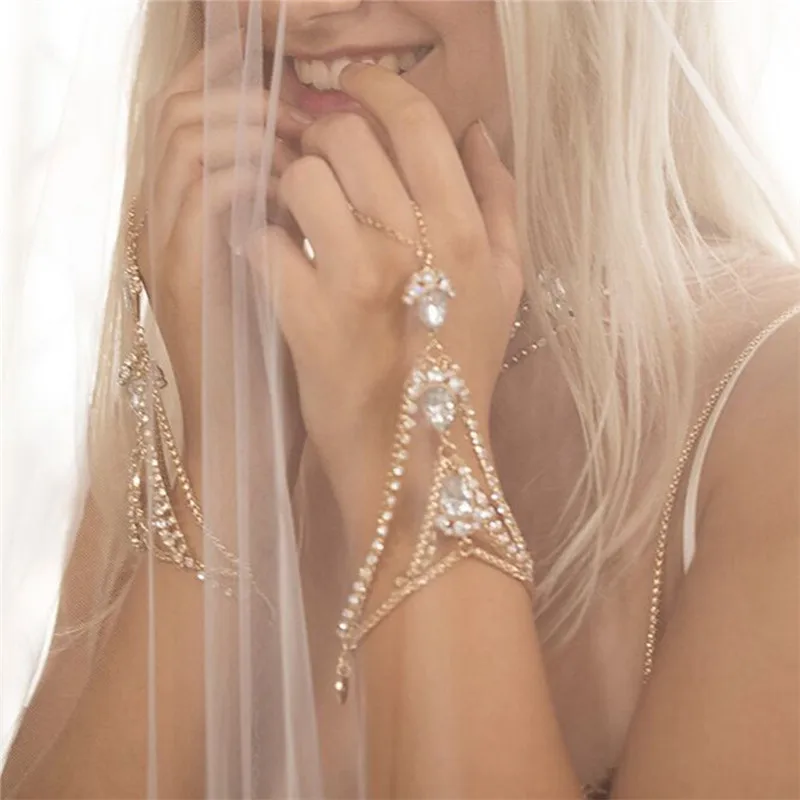

AOMU Gold/Silver Color Crystal Link Chain Lobster Bridal Bracelet &Bangle Rhinestone Wedding Hand Slave Finger Jewelry