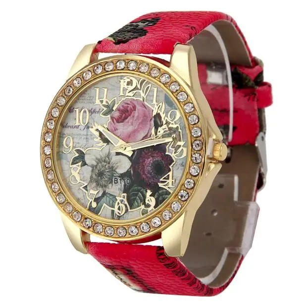 

Relojes Mujer Vintage Flowers Stripes Watch Women PU Leather wristwatch casual dress watch Ladies Watch Dropp shipping 999