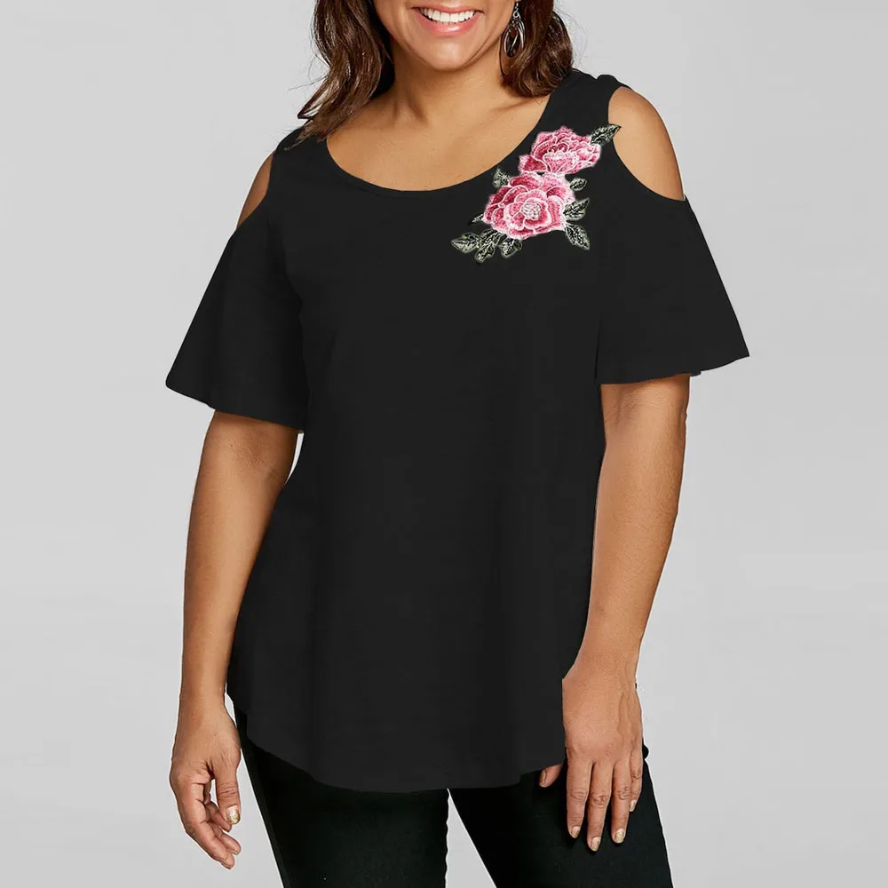 

Open Shoulder T-shirt Womens Fashion blusas Plus Size Embroidery Appliqued fashion female Oversize Shoulder Short Sleeve t-shirt