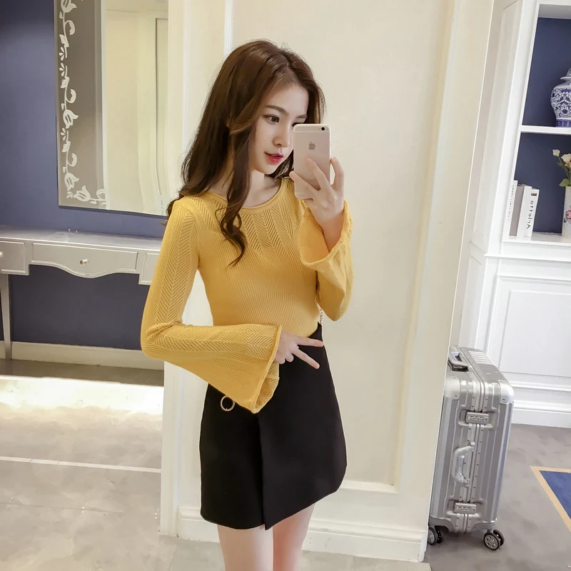 Fashion Hollow O-neck Women Wild Slim Trumpet Sleeve Knitted  Spring Modis Bottoming Sweater Female 2019 New Solid Color Top