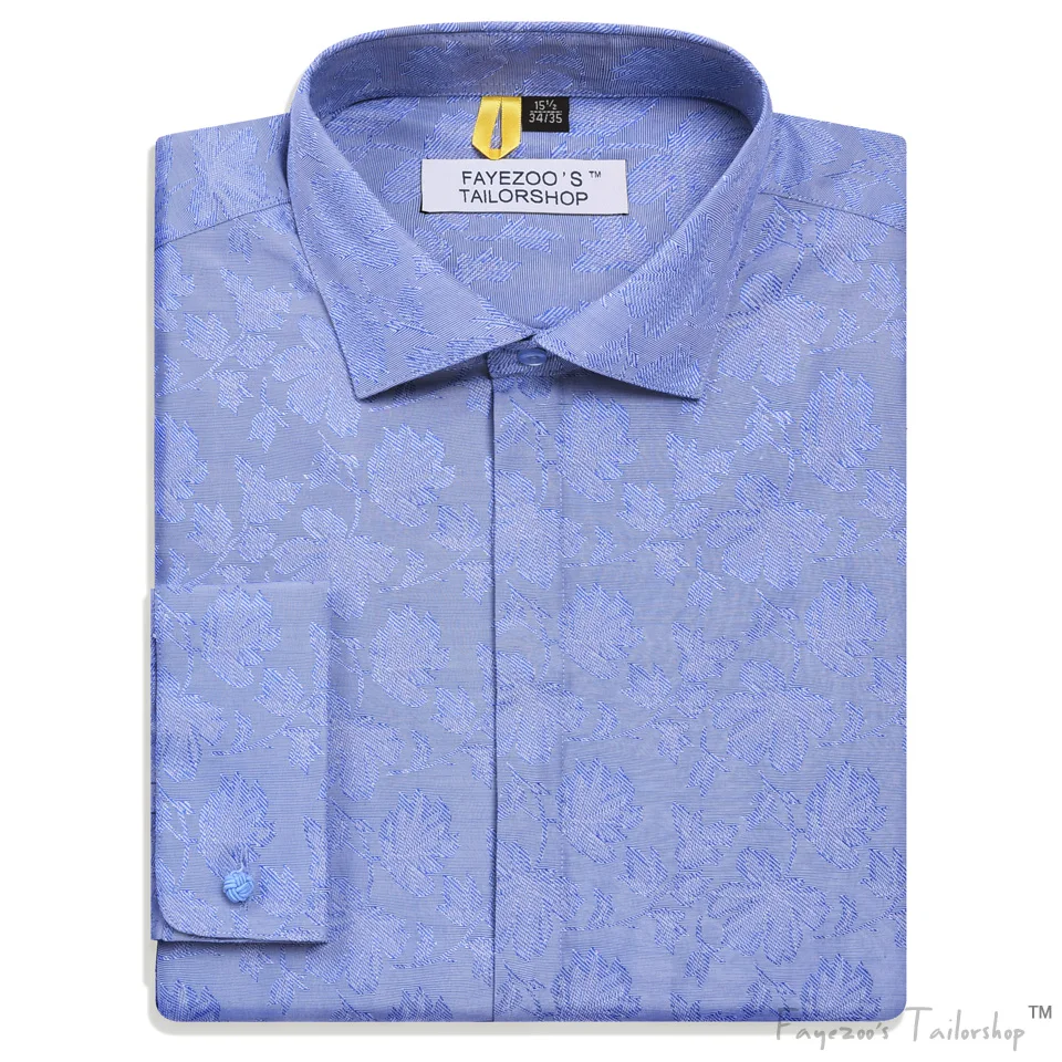 Regular Fit Men's Non Iron French Cuff Cutaway Collar Covered Button Blue Dobby Formal Business