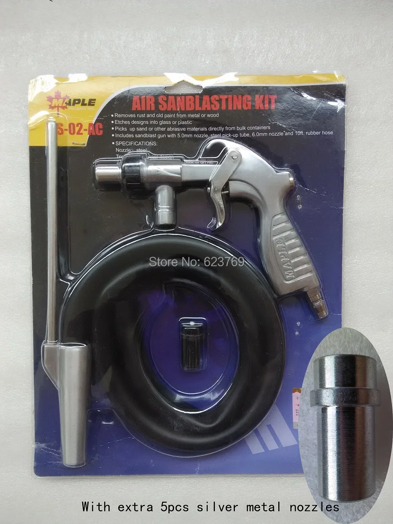 RZZ Air Sandblaster Pneumatic Sandblast Gun Kit with Extra 5pcs Silver