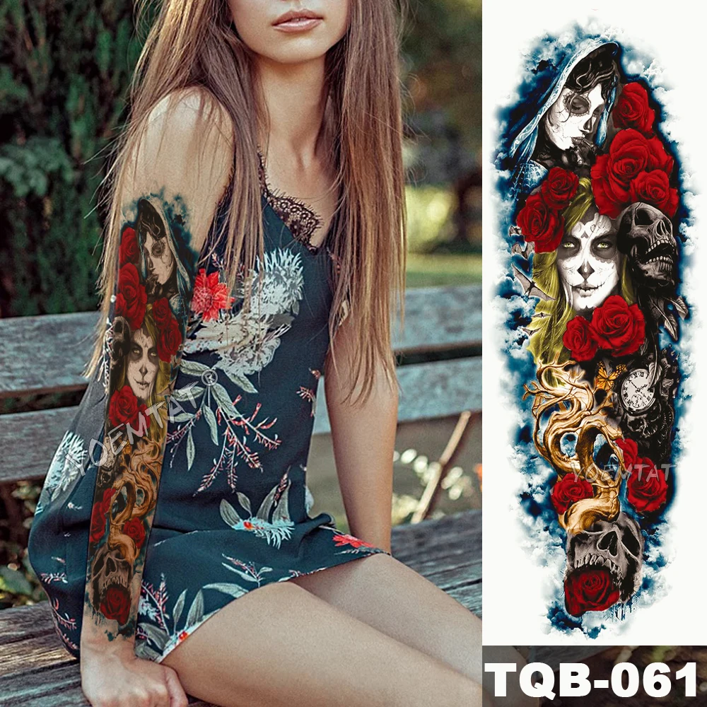 كبيرة الذراع كم الوشم Catrina الجمجمة فتاة مقاوم للماء المؤقتة الوشم ملصق الأحمر روز لوتس زهرة كاملة الوشم الجسم الفن النساء Kotora Shop