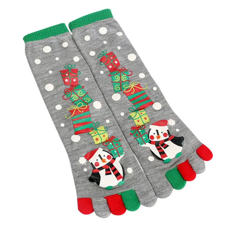 1Christmas Socks Five Fingers Women Socks Winter Warm Comfortable Ladies Toes Crew Stocking Santa Claus Reindeer Snowman Print Socks