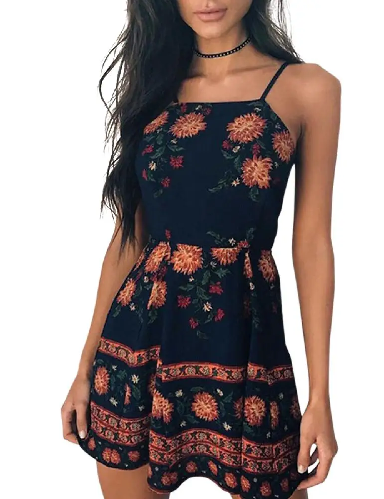 

Yfashion Women Summer Patchwork Sleeveless Print Floral Short Dress Casual Beach Dresses