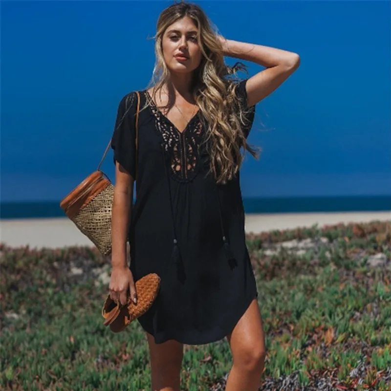 

Sexy Beach Cover Up Black White Hollow Out Tunic Women Bikini Cover Ups Beachwear Female Swimsuit Cover Up Loose Dress Swimwear