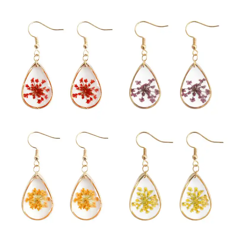 Bohemia Creative Red Plant Natural Dried Flowers Earrings Resin Dried Flowers Earrings Resin