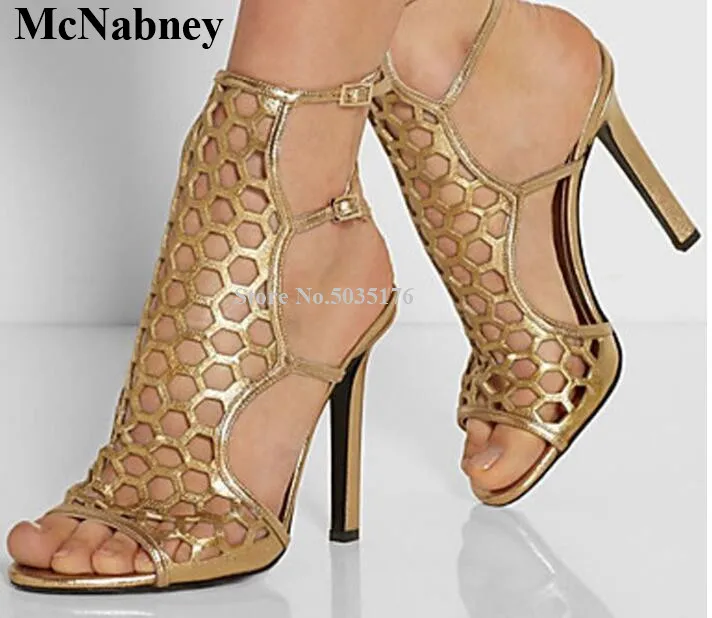 

McNabney Sexy Women Sandals Gold Hollow Buckle Ankle Strap Stiletto Heel Peep Toe Summer Sandals Fashion Solid Women Shoes