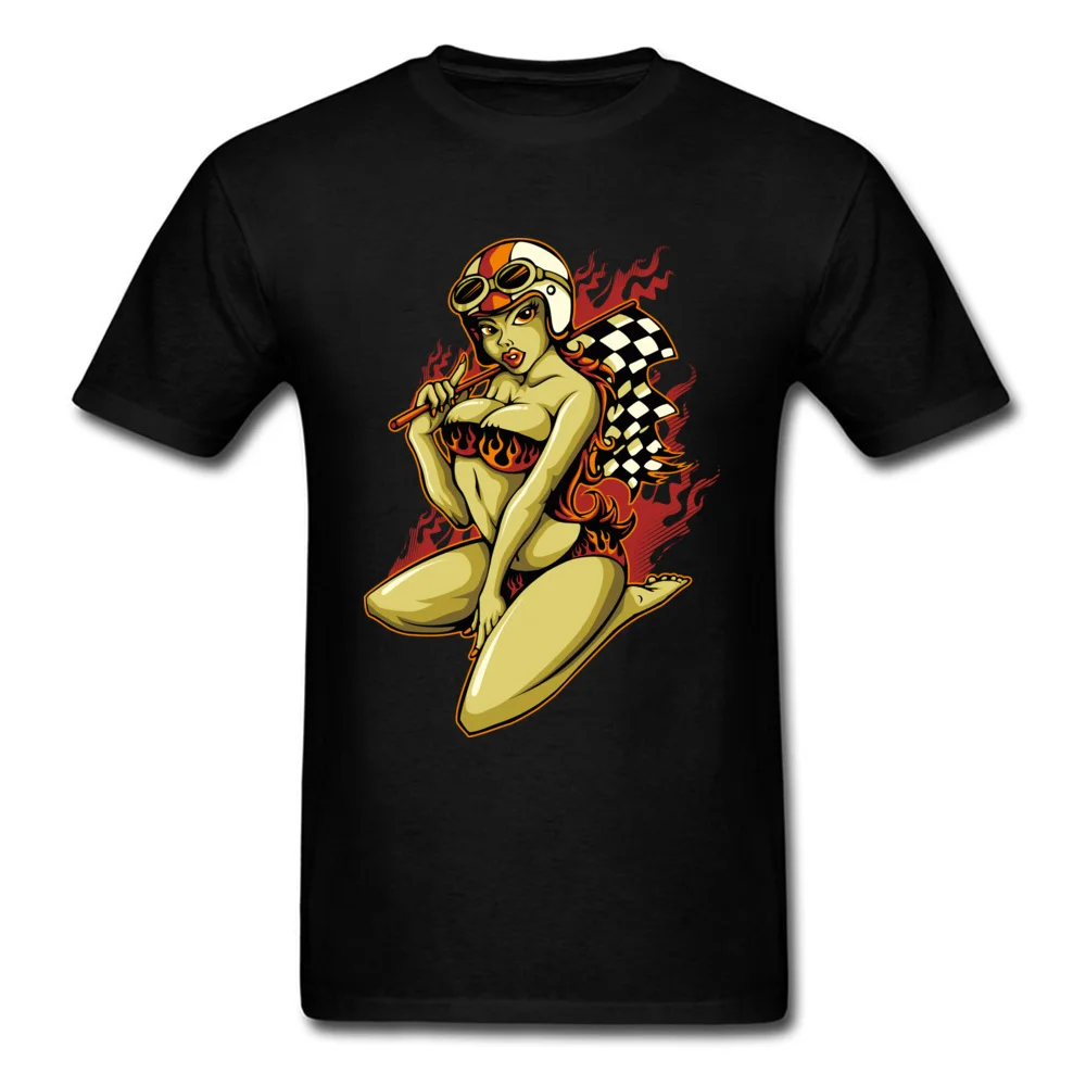 Printed On Tops & Tees Faddish O Neck comfortable Short Sleeve All Cotton Male T-shirts Personalized Tees Free Shipping Hot Pin Up Girl with Racing Flag black