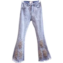 Весна-Осень, новые модные джинсы для женщин, тяжелая работа, стразы, бисер, кисточка, длина до щиколотки, расклешенные джинсы