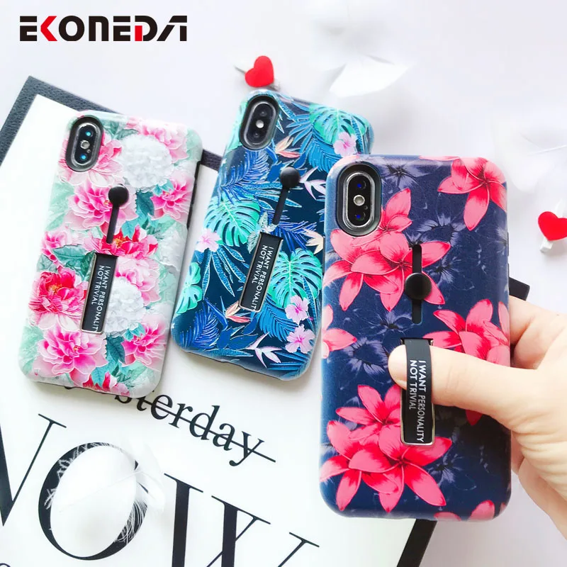 

EKONEDA Finger Ring Case For iPhone 8 Plus Case Floral Leaf Hidden Stand Cover For iPhone XR Case For iPhone X XS Max 6S 7 Plus