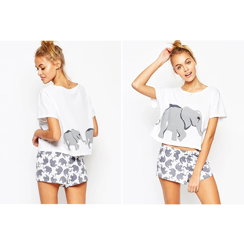 Комплекты пижамы из хлопка для женщин, футболки с изображением слона и животных, забавные сексуальные шорты, одежда для сна, одежда для сна для девочек-подростков