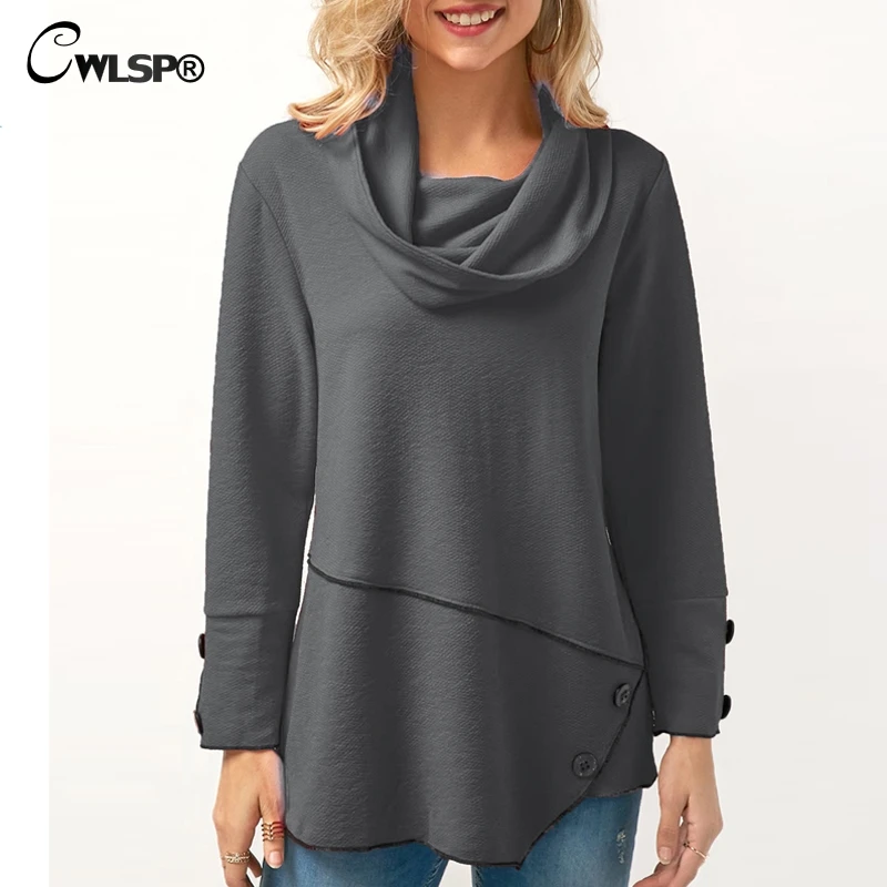 CWLSP 2018 Autumn Women Loose Hoodies Sweatshirt Casual Scarvf Collar with Buttons Tops Plus size Tracksuit Pullovers  QZ2515