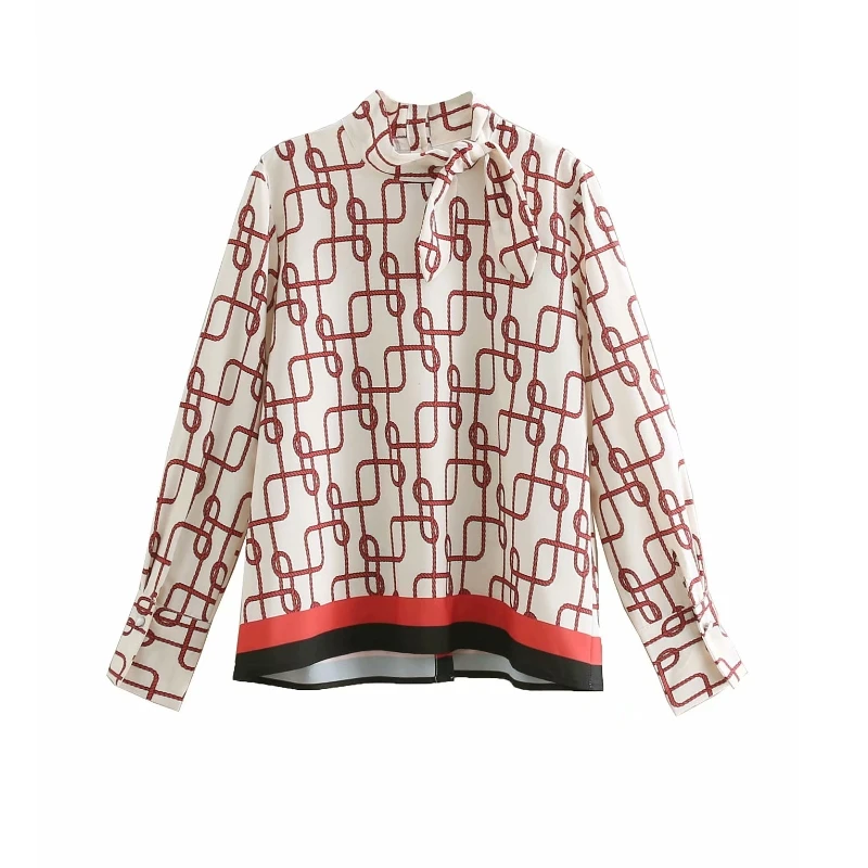 

Women vintage stand collar printing bow smock Blouse Shirts women back buttons femininas chemise casual loose Blusas tops LS3206