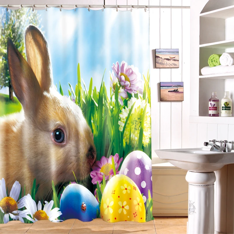 

New 3D Shower Curtains Small Gray Rabbit & Flowers Pattern Waterproof Fabric Bathroom Curtains Washable Bathroom Products Hooks