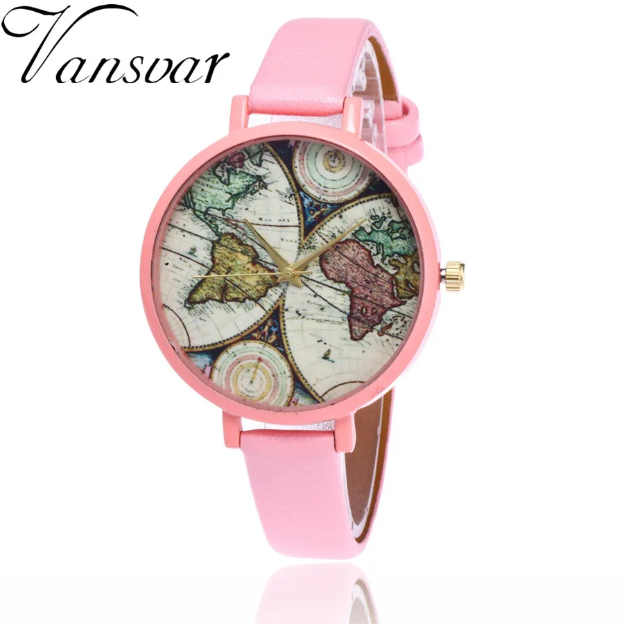 

Vansvar Brand Fashion World Map Watch Casual Women Leather Quartz Watch Gift Relogio Feminino V64