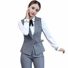 New 2017 2 Piece Set Elegant Pant Suit Size S-4XL Waistcoat Belt Gray Vest Women Sleeveless Jacket Blazer Office Lady Work Wear