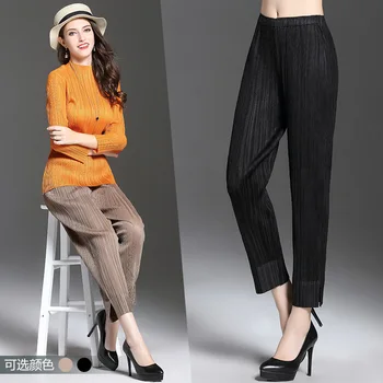 

2019 Summer Solid Color Small Feet Pencil Pants Female Stripe Slim Ankle-length Elastic Waist Trousers XL-01