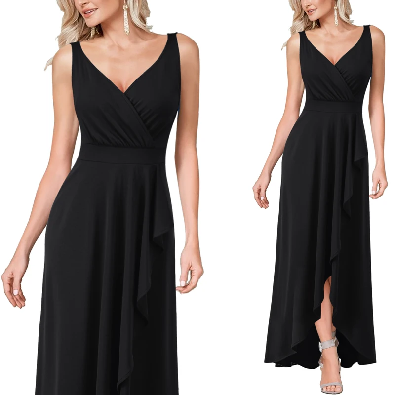 Vfemage, женское платье с глубоким v-образным вырезом, рюшами, без рукавов, с разрезом спереди, торжественное, вечернее, для выпускного, для особых случаев, вечерние, ТРАПЕЦИЕВИДНОЕ, макси платье 2109 - Цвет: Black