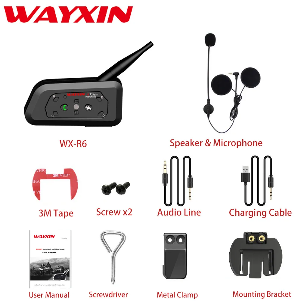 WAYXIN R6 Интерком шлем Bluetooth гарнитура мотоцикл Связь Интерком 6 всадников интерфон динамик MP3 gps Bluetooth