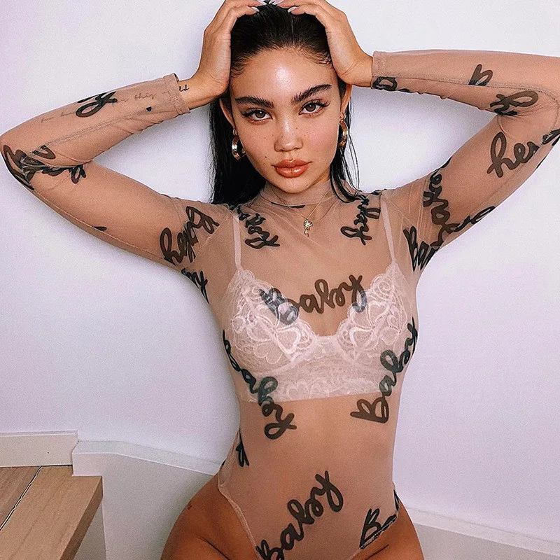 

Women See-Through Letter Print Mesh Bodysuit 2019 Autumn Long Sleeve Turtleneck Nude Elastic Rompers Pqrty Club Bodycon Bodysuit