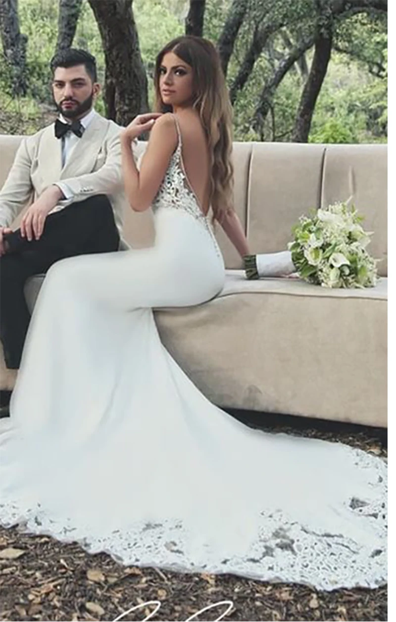 

Beach Mermaid Wedding Dress 2019 Spaghetti Straps Bride Dress Delicate Appliques Sexy Backless Vestido De Novia Playa Long