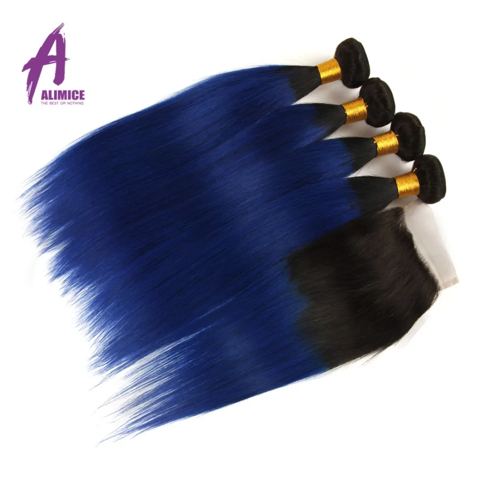 Alimice Ombre Brazilian Straight Human Hair Weave 3 Bundles Bundles With Closure T1bblue Remy Hair Ombre Bundles With Closure (3)