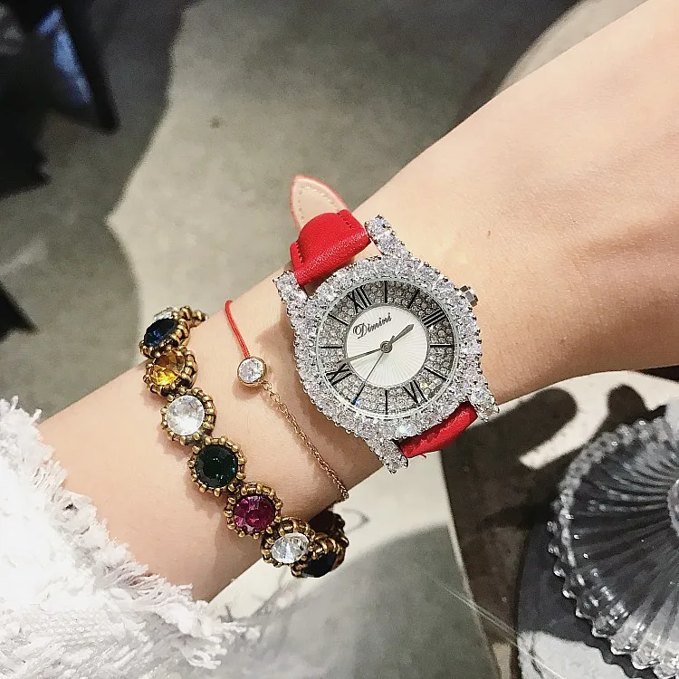 Топ роскошные женские часы женские новые бриллиантовые модельные часы модные женские часы с кожаным ремешком элегантные женские часы montre femme - Цвет: red