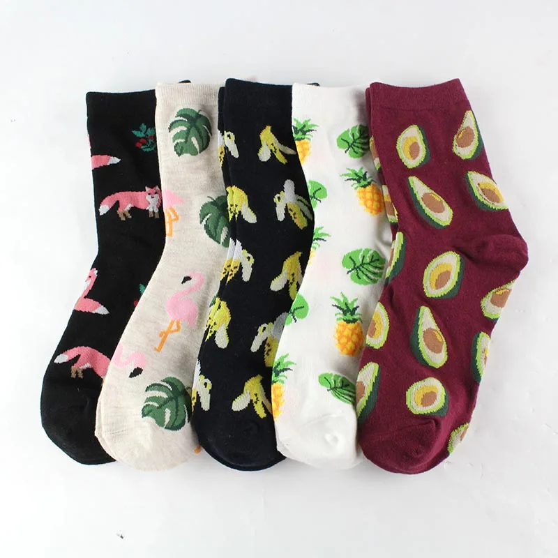 Новинка женские носки из чесаного хлопка женские забавные летние Harajuku Kawaii Fox Avocado Flamingo Banana узор счастливые носки для девочек