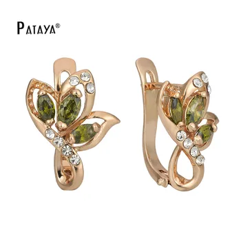

PATAYA Romantic Flower Olive Green Three Leaves Drop Earrings 585 Rose Gold 3 Water Drop Natural Indian Jewelry Zircon Earrings