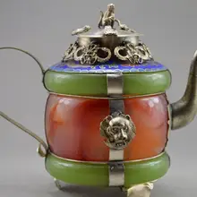 Коллекционный украшенный старый ручной работы нефрит и тибетский гравировка серебром чайник-с драконами