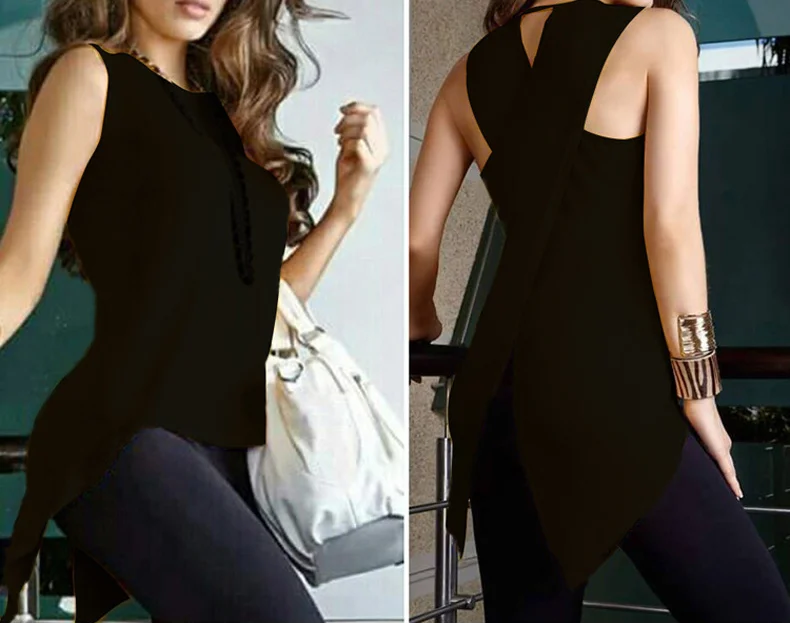 Summer Yellow Blouses Sleeveless Ladies Top Cross Irregular O-Neck Woman Blouse Female Shirt Tops Tank 3XL 2019 OL Elegant Wear