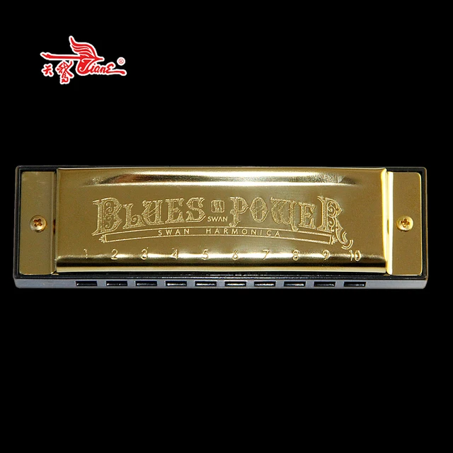 10 Hole 2D Tone Blues Harmonica / Copper Reed Plate & Cover Plate Golden Square Bruce Harmonica with Plastic Box / Mouth Organ