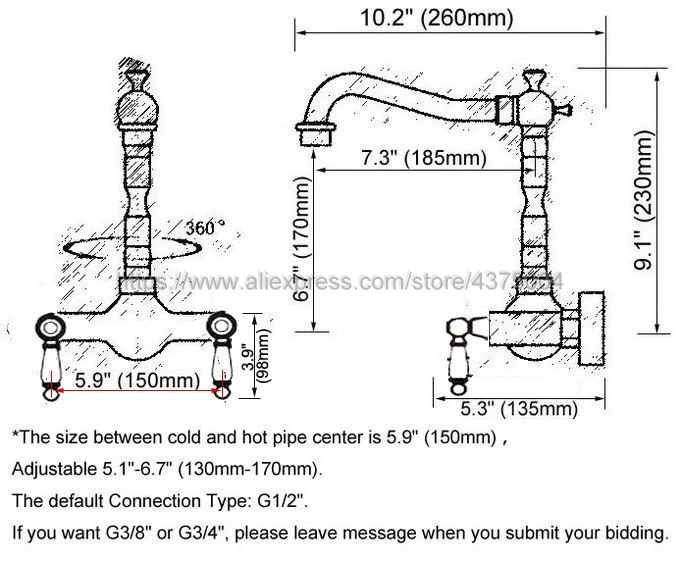Antique Red Copper Wall Mounted Kitchen Bathroom Sink Faucet Dual Handle Swivel Spout Hot Cold Water Tap Nnf951