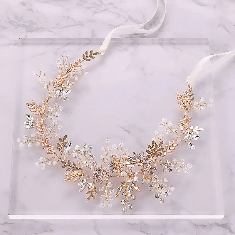 

Fashion Fairy Crystal Bride Hairbands Pearl Pink Flower Leaf Tiara Headdress Head Piece Wedding Jewelry Hair Accessories LB