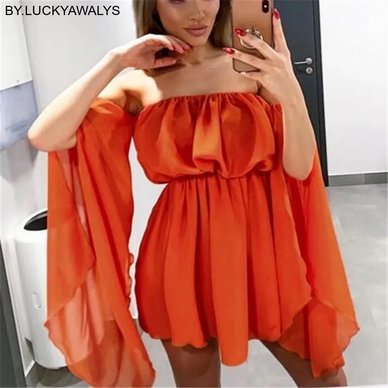 

2019 Summer Women Off Shoulder Slash Neck Loose Beach Dress Casual Fashion Bell Sleeve Mini Dress Female Vestidos BY.LUCKYAWALYS