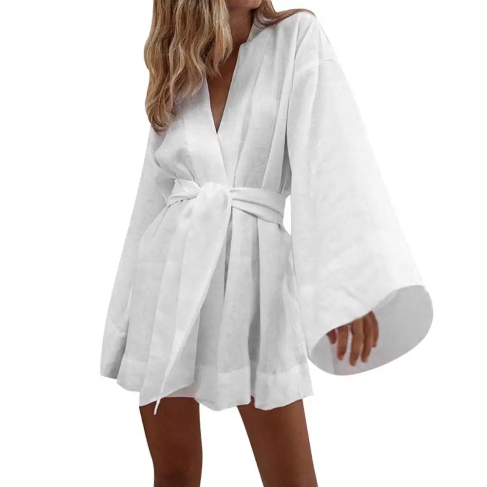 

Simplee Japanese style v-neck women cotton dress Solid white sashes female dress Summer casual 2019 Lazy loose Dress #7