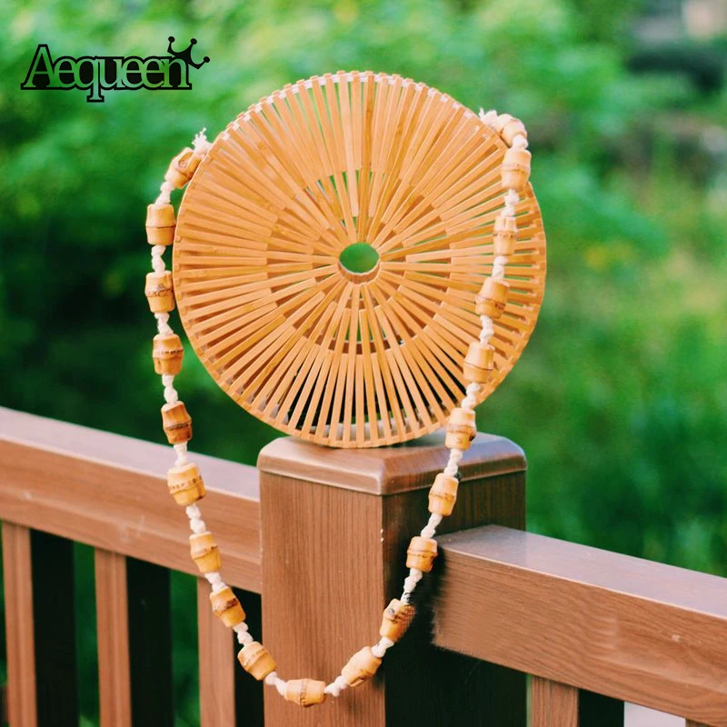 

AEQUEEN Female Round Bamboo Bags Summer Beach Straw Bag Bohemian Hollow Out Handbag Women Travel Shoulder Bag 2018 Bolsos Mujor