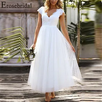 

Erosebridal Vintage 1950s Tea Length Cap Sleeve Lace Tulle Wedding Dresses Bridal Gown Celebrity vestido De Noiva robe de mariee