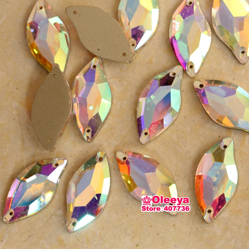 

All Sizes Leaf Shape Clear AB Crystal White AB Glass Sew On Rhinestones Flatback Sewing Crystals For Wedding Decorations Y1099
