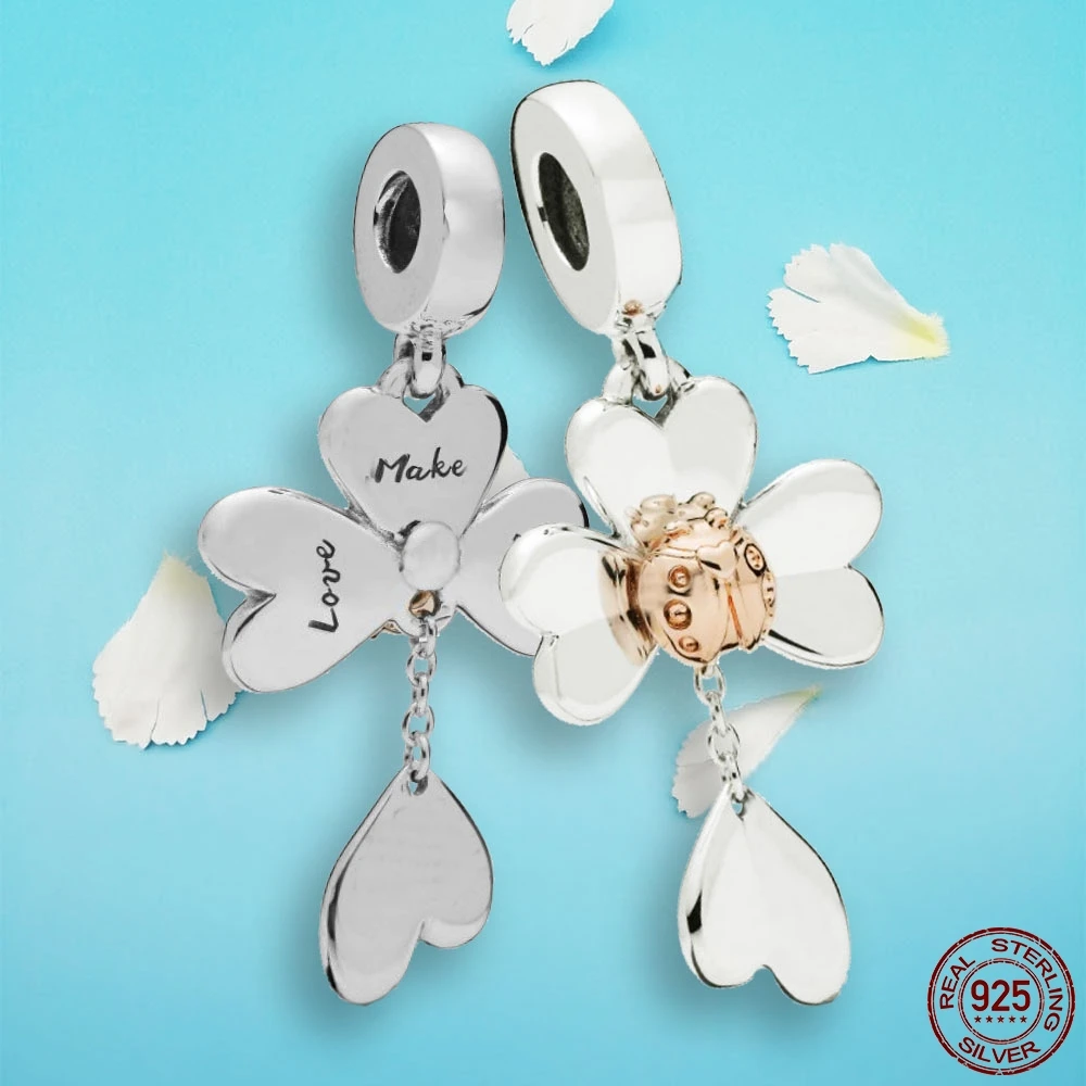 

brand 925 Sterling Silver beads Rose & Silver Clover & Ladybird Fit Original Pandora bracelet for woman DIY jewelrly or gift