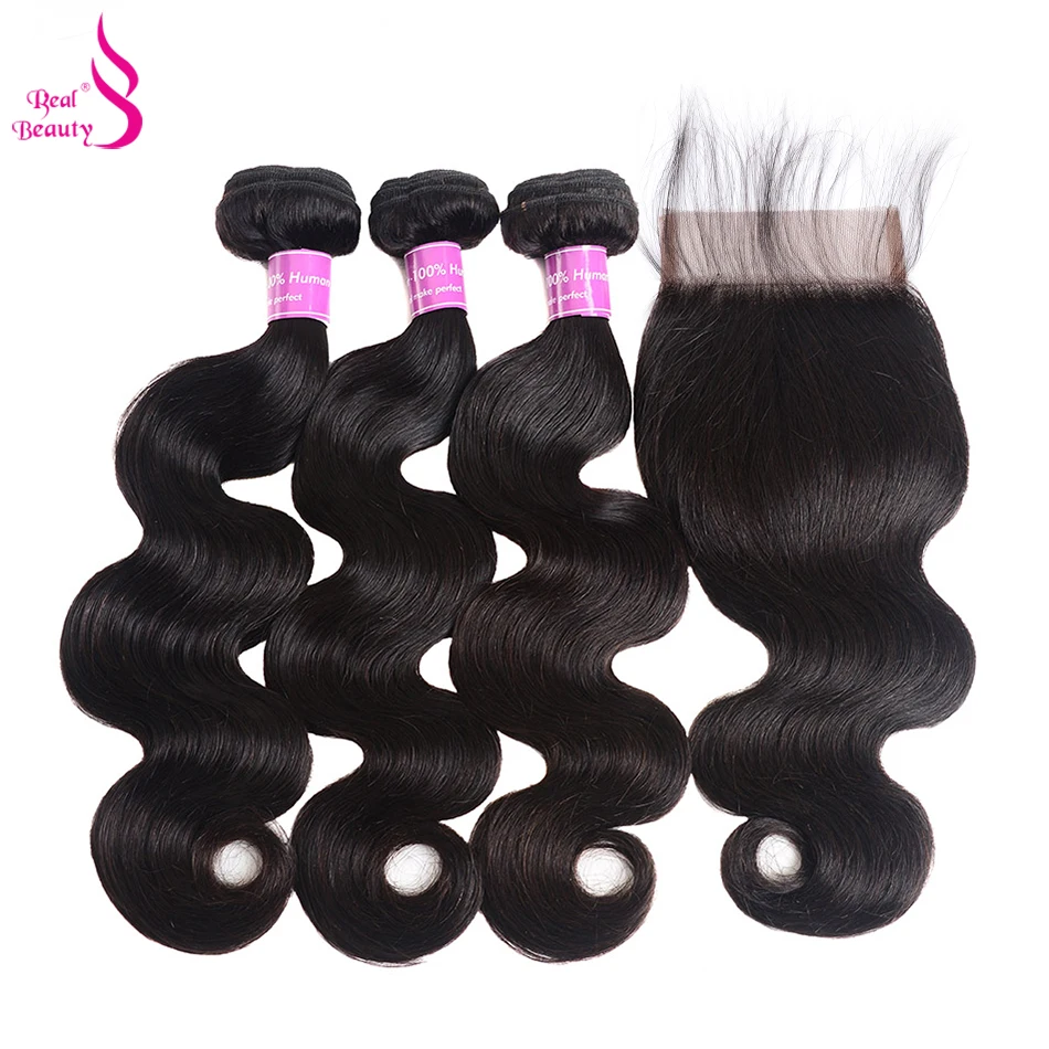 Real Beauty 3 Bundles Brazilian Body Wave Human Hair Bundles With Lace Closure With Baby Hair Free Part Non Remy Hair Free Ship (7)