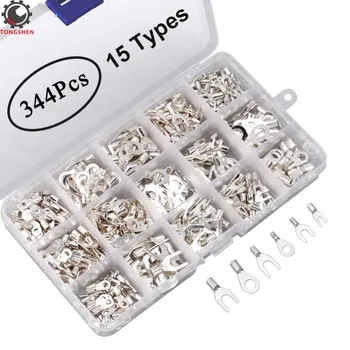 

344pcs 15 in 1 Non-Insulated Crimp Connectors Ring Fork U-type Brass Female Terminals Assortment Cable Wire Connector Crimp Spad