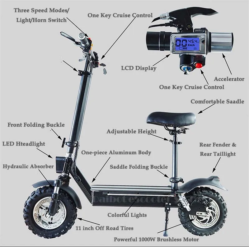 New Waterproof Electric Scooter 1000W 11 Inch Electric Scooters Off Road Electric Scooter With Seat Adults                       (30)