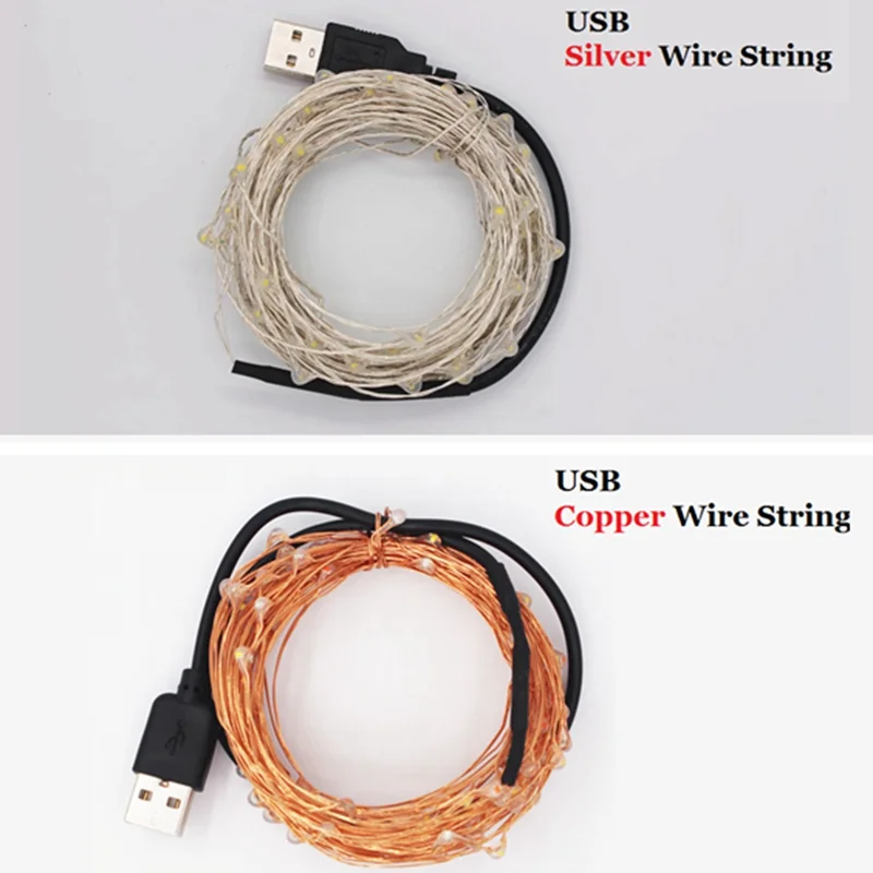 

2M 5M 10M DC5V USB Powered LED Copper/Silver Line Light String for Christmas Wreath Party Wedding Decoration Fairy Lights