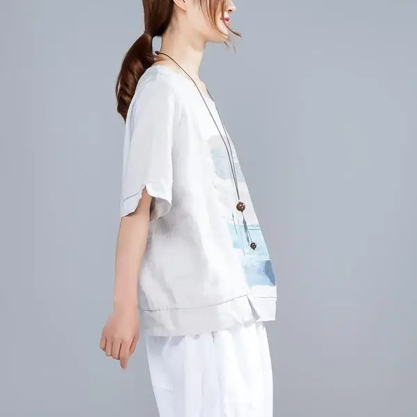 BUYKUD Women Cotton Blouse Shirt 2019 Female Clothing Short Sleeve Blusas O-Neck Grey Women's Blouses Print Casual Lady OL Top (8)